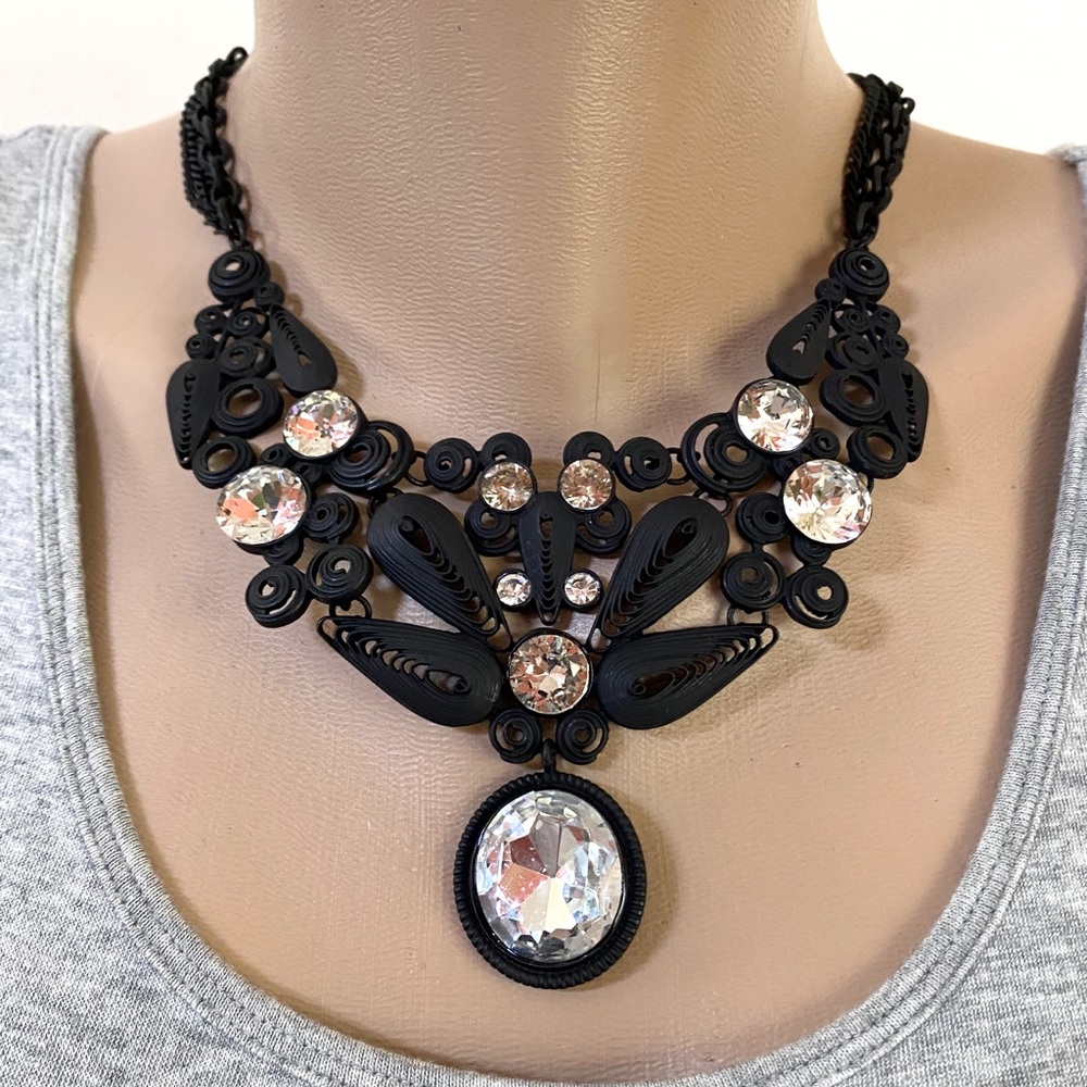 Matte Black Crystal Statement Bib Necklace Set